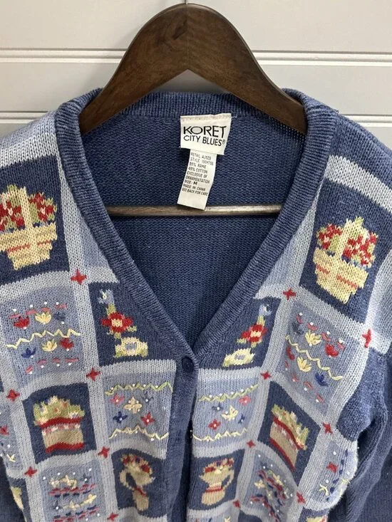 VTG Koret City Blues Blue Floral Plant Beaded Long Sleeve Cardigan Sweater Sz M - Picture 2 of 10